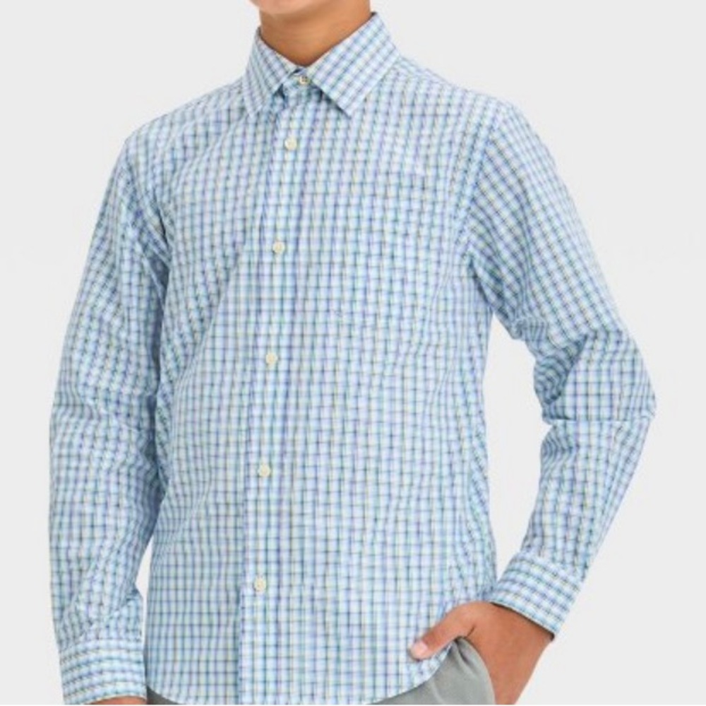 Boys’ Long Sleeve Button-Down Shirt Blue & White Checked Size Large.